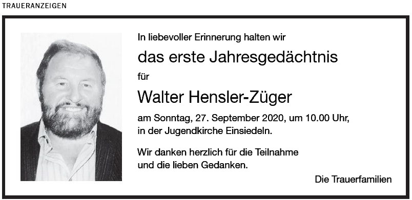 Walter das erste Jahresgedächtnis Hensler-Züger