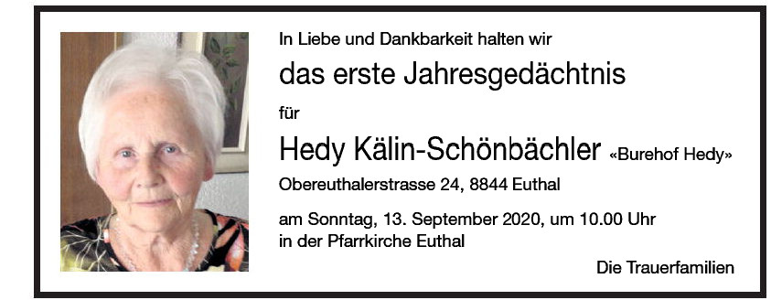 Hedy das erste Jahresgedächtnis Kälin-Schönbächler