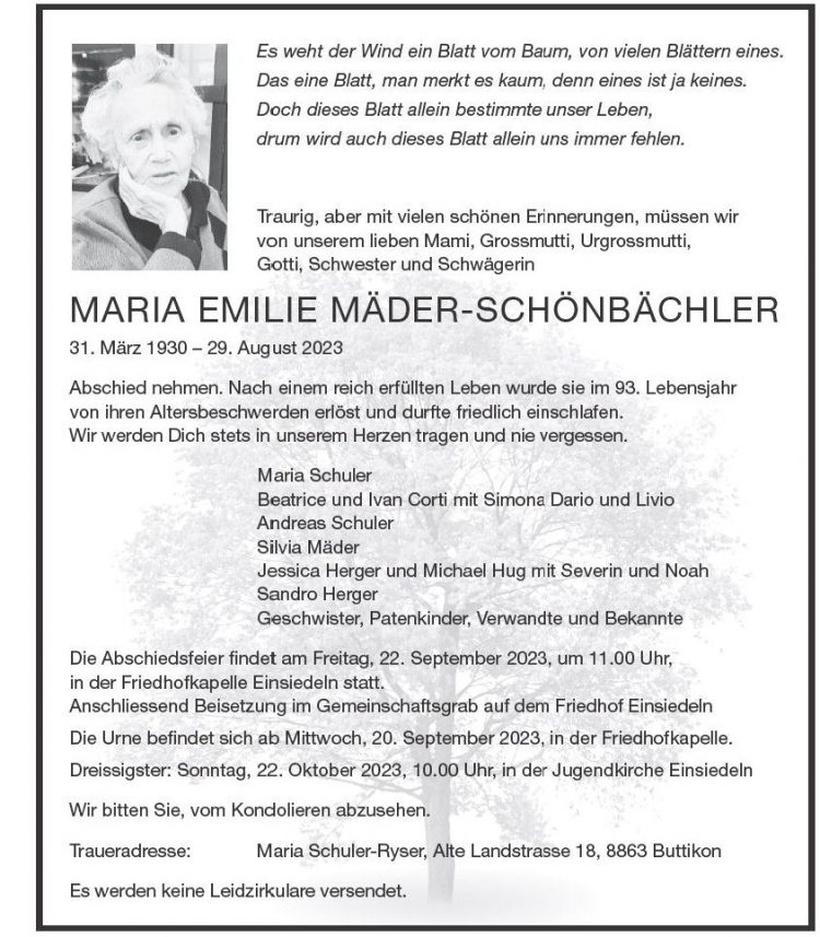 MARIA EMILIE MÄDER-SCHÖNBÄCHLER